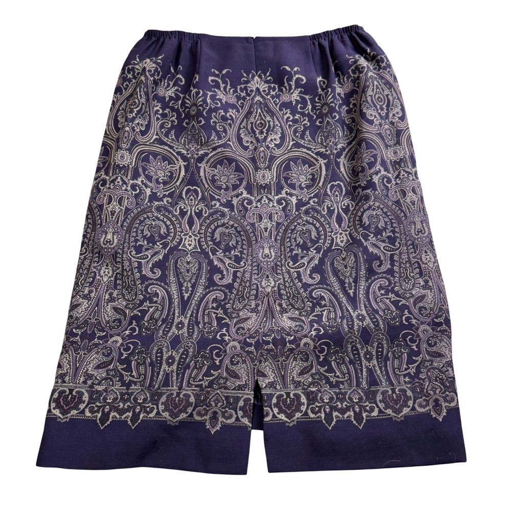 Talbots Paisley Wool Midi Skirt Women 14W Purple Pencil Lined Business Slit - Picture 2 of 6